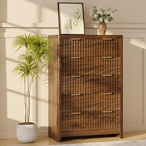 Fluted 47" Tall Dresser for Bedroom with 5 Drawers, Modern Chest of Drawers with Metal Handle & Deep Storage, Wood Closet Clothes Storage Organizer for Living Room & Hallway, Walnut Brown Dresser by Varello