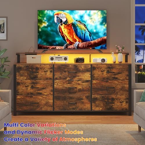 63'' Rustic Brown Dresser for Bedroom, 9 Drawer Dresser with Power Outlet and Led Lights, Bedroom Furniture with Wooden Drawer and Metal Frame, TV Stand with Deep Drawer Storage - Image 3