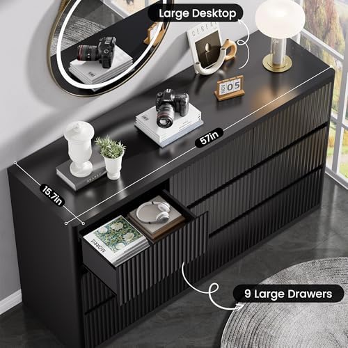 Standifurno Fluted 9 Drawers Dresser, 57" Wide Dresser for Bedroom, Modern Chest of Drawers with Curved Profile, Handleless, Wood Large Dressers TV Stand with Organizer Storage, Living Room, Black - Image 6