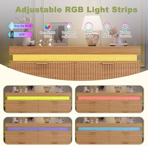 Fluted 6 Drawer Dresser LED Lights & Charging Station, Natural Oak - Image 6