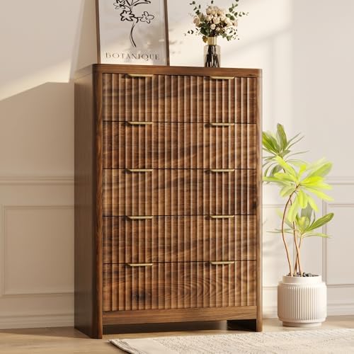 Walnut Dresser for Bedroom with 5 Deep Drawers, 47" Tall Fluted Chest of Drawers with Storage & Round Corner, Mid Century Modern Closet Clothes Dresser, Wooden Storage Cabinet for Living Room by Varello