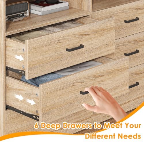 Bigbiglife 6 Drawers Dresser for Bedroom Wooden Drawer with Open Storage Cubby, Double Wide Dresser Organizer for Bedroom, Living Room, Entryway, Hallway (Light Oak) - Image 4