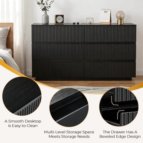 Karl home Black 6 Drawer Fluted Dresser, Modern Storage Chest of Drawers - Image 5