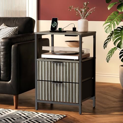 VINGLI Night Stand Set 2 with Charging Station and Fabric Drawers, Fluted Grey Night Stand Set of 2, Gray Nightstand with Drawers, Grey Bedside Tables/End Tables for Bedroom, 14.96"W*11.81"D*23.78"H - Image 3