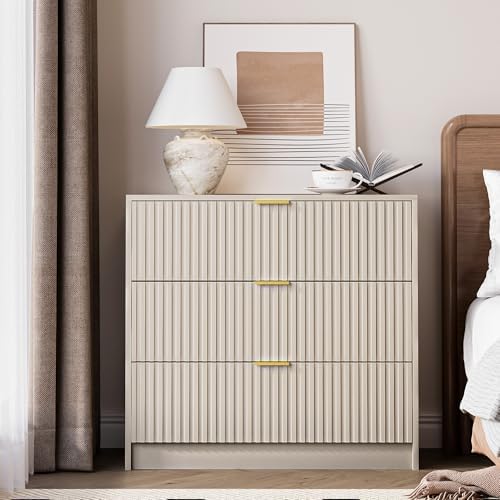 MAISONARIA Fluted Dresser for Bedroom, 32 Inch Wide Nightstand with Large Drawer, 3 Drawer End Table for Bedroom, Living Rooms, Offices, and Entryways, Beige - Image 6