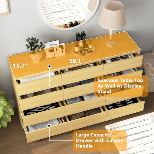 Vibe & Dine Wood 12 Drawer Dresser, Modern Long Dresser for Bedroom, Wood Chest of Drawers with Wide Storage for Living Room - Image 5