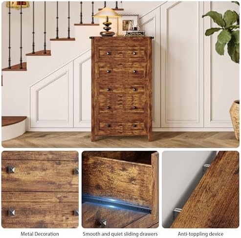 Wodeer Brown Dresser Tall 5 Drawer Dresser for Bedroom, Wooden Dressers & Chests of Drawers with Metal Handles, Modern Storage Cabinet and Organizer Drawers for Bedroom, Hallway, Entryway - Image 5