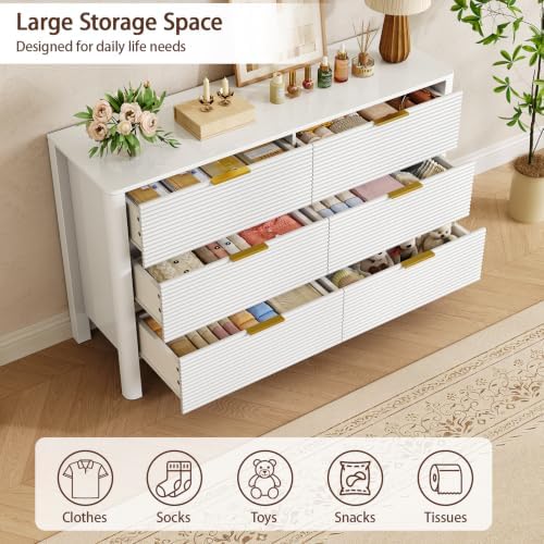 Fluted 6 Drawer Dresser, 47" High Gloss Dresser for Bedroom, White - Image 4