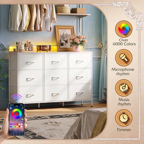 WLIVE White Dresser TV Stand 9 Drawers, Fabric Chest of Drawers LED Lights - Image 5