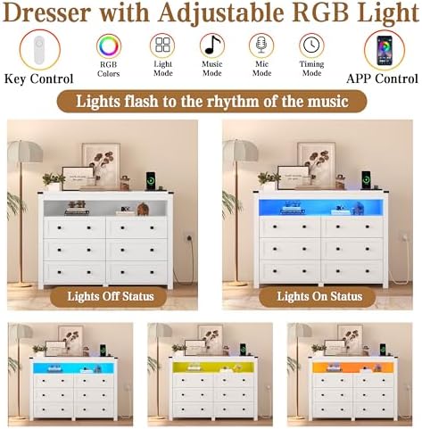 Wodeer White Dresser 6 Drawer Dressers for Bedroom with LED Lights, Charging Station, Wood Chest of Drawers with Metal Handles, Modern TV Stand Storage Cabinet for Living Room, Hallway, Entryway - Image 5