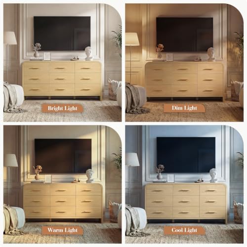 Curved 9-Drawer Dresser for Bedroom, 63" Wide Modern Chest of Drawers, Vanity Desk TV Stand for Living Room, Closet Storage Drawers Organizer Furniture, Nursery, Hallway, Natural Oak - Image 4