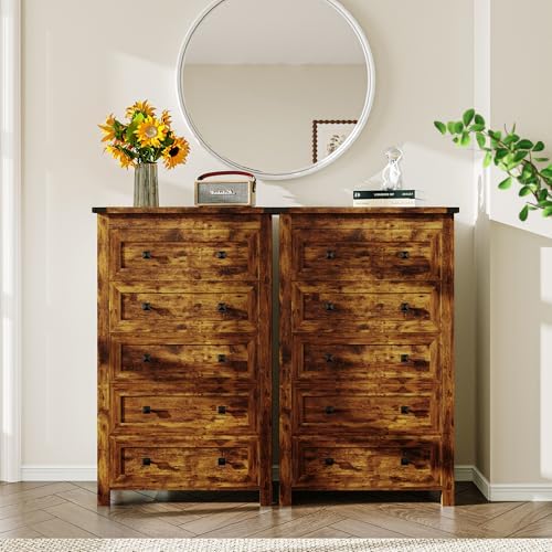 Wodeer Brown Dresser Tall 5 Drawer Dresser for Bedroom, Wooden Dressers & Chests of Drawers with Metal Handles, Modern Storage Cabinet and Organizer Drawers for Bedroom, Hallway, Entryway - Image 3
