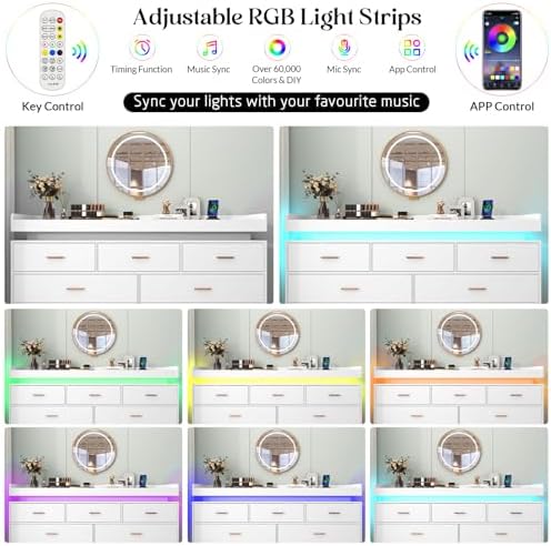 Hlivelood 7 Drawer Dresser with LED Light and Charging Station, Modern Chest of Drawers for Closet, Wide Drawer Organizer Cabinet for Bedroom, Living Room, Entryway, Hallway, White - Image 5