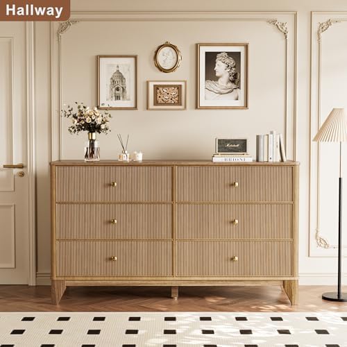 INNOD Fluted 6 Drawers Dresser, 54" Wide Modern Chest of Drawers with Round Corners, Wooden Dresser TV Stand, Wood Drawer Organizer for Bedroom, Living Room, Hallway - Image 3