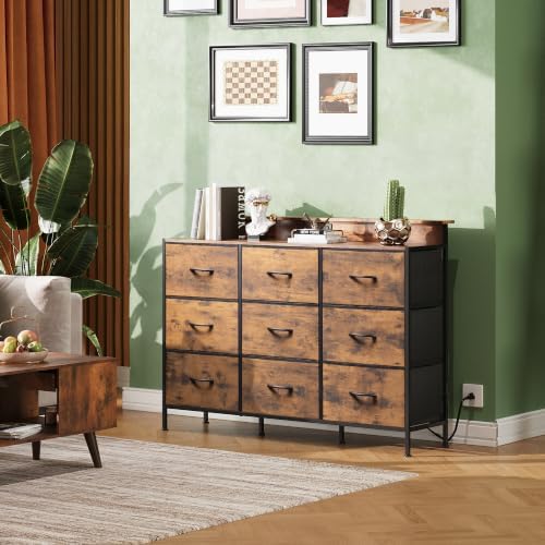 WLIVE Dresser TV Stand 9 Drawers, Fabric Chest LED Lights, Rustic Brown - Image 4