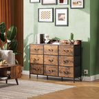 WLIVE Dresser TV Stand 9 Drawers, Fabric Chest LED Lights, Rustic Brown - Image 4