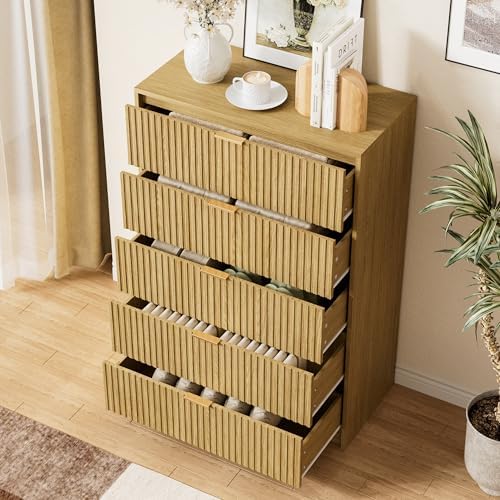 Furniway Mid Century Modern Dresser for Bedroom, 5 Drawer Tall Wood Dresser with Fluted Front, Chest of Drawers for Closet, Living Room, Hallway, Natural Oak - Image 4