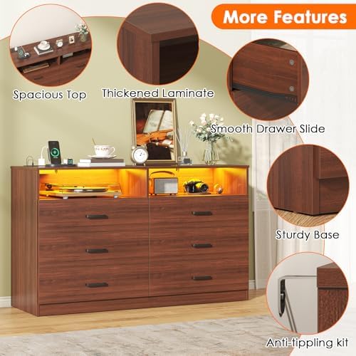 Bigbiglife Dresser for Bedroom, 6 Drawer Dresser with Charging Station and Led Light, Modern Chest of Drawers for Bedroom, Living Room (Walnut Brown) - Image 4