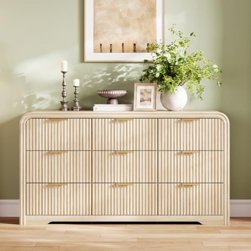 LINSY HOME 9-Drawer Fluted Dresser for Bedroom, Light Oak, Mid Century - Image 5