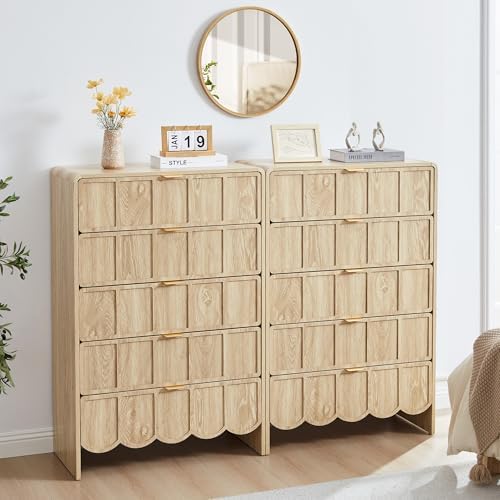 ORRD 5 Drawer Dresser for Bedroom Set of 2, Modern Closet Chest of Drawers with Wave Fluted Drawer, Wood Storage Small Dresser Organizer for Nursery Bedroom Living Room Hallway Closet (Natural) by ORRD
