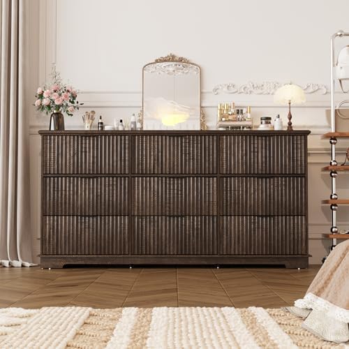 Fluted 9 Drawers Dresser for Bedroom, 63" Wood Dresser with Power Outlet and Deep Drawers, Wide Chest of Drawers, Modern Closet Dressers for Living Room, Upgraded Version with Wooden Drawers, Brown - Image 5