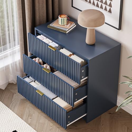 MAISONARIA Fluted Dresser for Bedroom, 32 Inch Wide Nightstand with Large Drawer, 3 Drawer End Table for Bedroom, Living Rooms, Offices, and Entryways, Navy Blue - Image 4