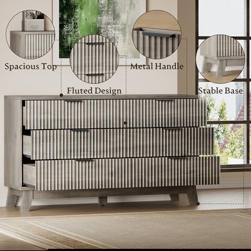 BORNOON 53" Long Dresser for Bedroom, 6-Drawer Dresser with Fluted Fronts, Wide Wood Chest of Drawers, Smooth Metal Slides, Stable Base, Modern Clothes Storage Cabinet for Living Room, Hallway - Image 5
