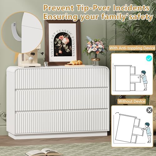 Wodeer White Dresser Fluted 6 Drawers Dresser for Bedroom, 47" Wide Wood Chest of Drawers with Hidden Handles & Rounded Corners, Modern TV Stand Storage Cabinet for Living Room, Hallway, Entryway - Image 6