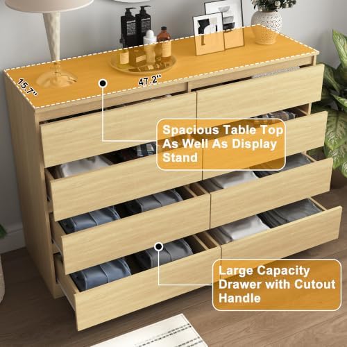 Vibe & Dine Double Dresser 8 Drawer, Modern Wooden Chest of Drawers with Wide Storage for Closet, Bedroom, Living Room, Natural Wood - Image 5