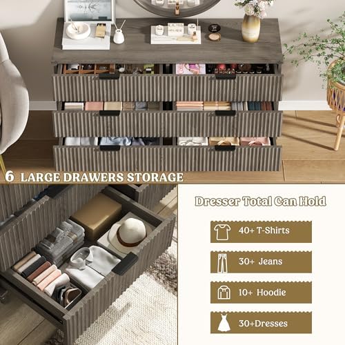 Wood Tall 6 Drawers Dresser, 53.2" W Fluted Modern Dressers for Bedroom - Image 3