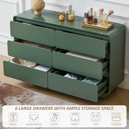 AVZEAR Modern 6 Drawer Green Dresser for Kids Bedroom, 48" Wide Wooden Dresser Chest of Drawers, Handle Free & Curved Profile Design, Mid Century Closet Clothes Storage Organizer for Living Room - Image 6