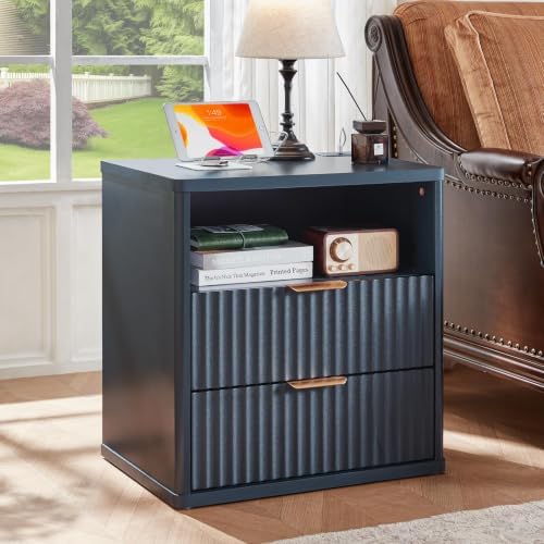 LEYAOYAO Fluted Nightstand with Charging Station, 23" Modern Night Stand with Woodgrain Top, 2 Drawer End Table w/Storage, Bedside Tables for Bedroom, Living Room, Curved Profile Design, Blue by LEYAOYAO-Findtheshiningpointofyourideallife%EF%BC%81