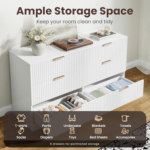 MALOL 6 Drawer Fluted Dresser for Bedroom, Modern Wooden Chest of Drawers, Wide Storage Cabinet with Smooth Silent Slides, Anti-Tip, 47" Storage Organizer for Bedroom Living Room, White - Image 4