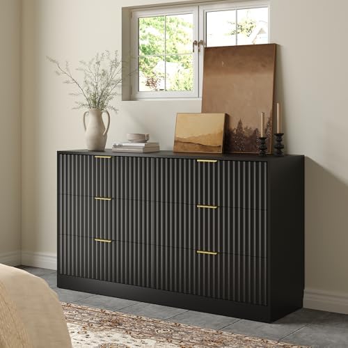 Black 6 Drawer Dresser for Bedroom, 55" Wide Fluted Chest of Drawers with Gold Metal Handles, Wood Dresser Storage Organizer Mid Century TV Stand for Living Room Closet Hallway by RESOM