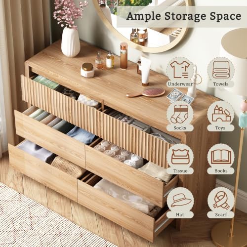 LYNSOM Oak Fluted 6 Drawer Dresser for Bedroom, Curved Edge, 50" Wide - Image 4