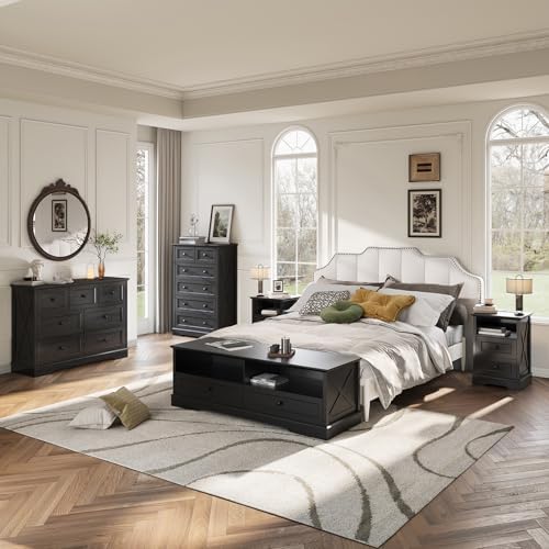 Farmhouse 6 Drawers Dresser Chests for Bedroom, Black 6 Chest of Drawers - Image 4