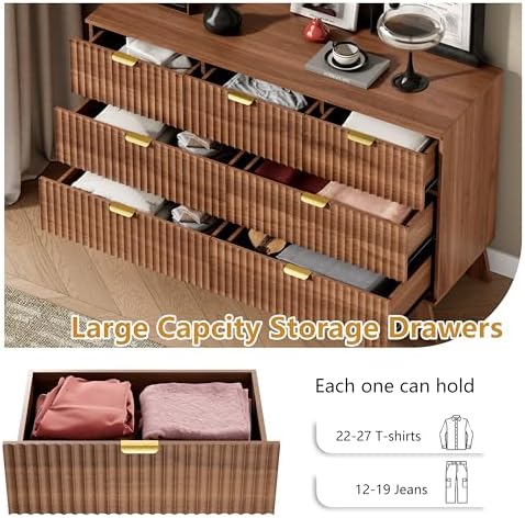 Wodeer 7 Drawer Fluted Dresser for Bedroom, Mid Century Modern Wooden Dresser with 7 Drawers, Dressers & Chests of Drawers with Metal Handle, TV Stand & Storage Organizer for Entryway, Hallway, Walnut - Image 4