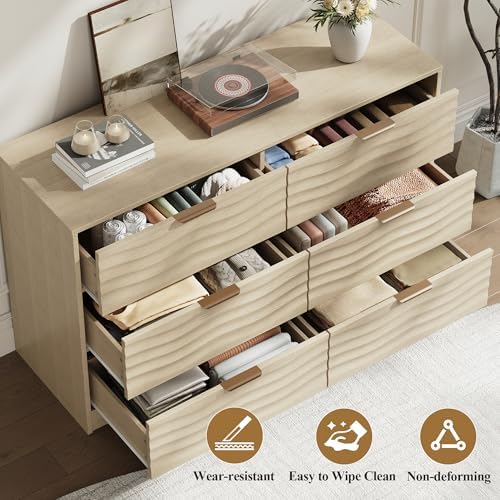 MALOL 48" Wide 6 Drawers Dresser for Bedroom, Coastline Fluted Modern Dresser Drawer with Metal Handle, Storage Chest of TV Stand Organizers Wooden for Living Room, Hallway, Closet, Natural Wood - Image 5