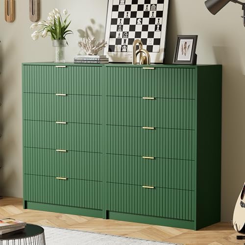 Furniway Green Dresser for Bedroom, Modern Dresser with 5 Drawers and Smooth Slides, Wide Chest of Drawers with Golden Handles for Bedroom, Living Room, Closet, 15.7" D x 31.5" W x 47.2" H - Image 4
