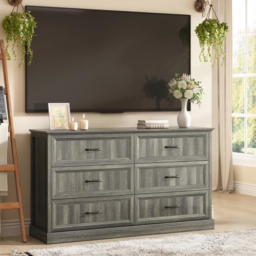 Farmhouse 6 Drawer Dresser for Bedroom, 55" Grey Dresser with TV Stand - Image 6