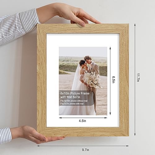 Hongkee 8x10 Picture Frame Set of 4, Made of Real Glass and Natural Oak Wooden Frame, 8 by 10 Photo for Wall or Tabletop - Display Picture 5x7 with Mat or 8x10 Without Mat - Image 2