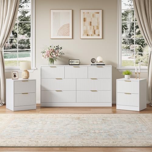 7 Drawer Dresser & 2-Drawer Nightstand Set 3-Piece, White丨55 Wide Bedroom Set Night Stand Set of 2 with Metal Handle, Fluted Wood Chest of Drawers Storage Dressers Set for Bedroom by NOVAMAISON