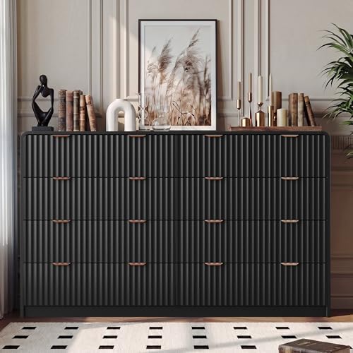 HOUROM 55“ Wide Black Fluted Dresser for Bedroom with 10 Drawers - Image 5