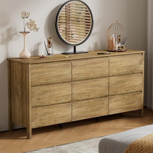 Furniway 63" Wide 9 Drawer Wood Dresser for Bedroom with Legs, Natural Oak - Image 6