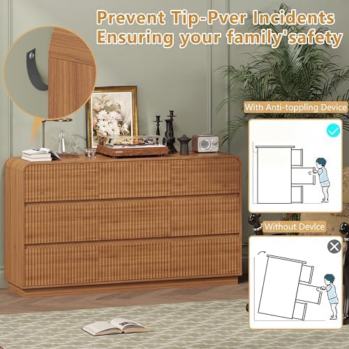 Wodeer Dresser Fluted 6 Drawers Dresser for Bedroom, 47" Wide Wood Chest of Drawers with Hidden Handles & Rounded Corners (Walnut, 9 Drawers, Fluted Panel & Rounded Corners) - Image 6