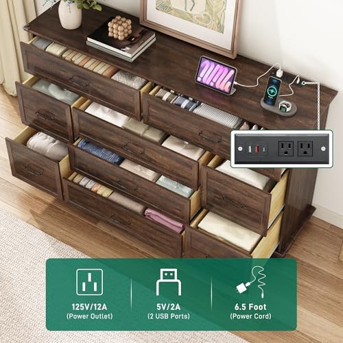 jiteentarou Farmhouse 9 Drawer Dresser for Bedroom,63” Wood Dresser & Chest of Drawers with Power Outlets,Large & Wide Dressers for Bedroom,Tall Storage Dresser Organizer(Rustic Brown) - Image 4