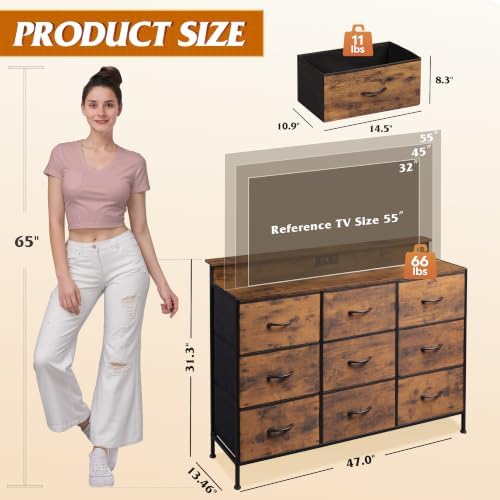 WLIVE Dresser TV Stand 9 Drawers, Fabric Chest LED Lights, Rustic Brown - Image 3