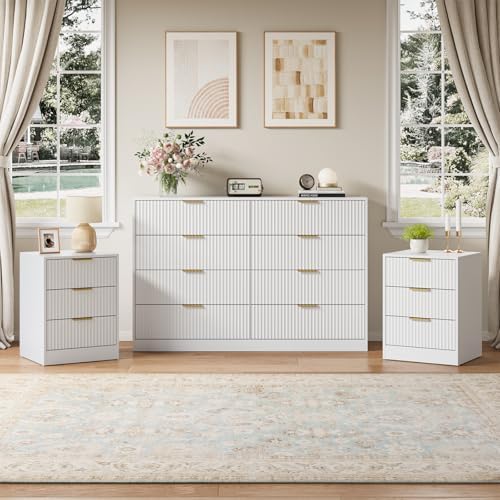 3 Pcs White 8 Drawer Dresser & 3-Drawer Nightstand Set丨Tall Fluted Dresser and Night Stand Set of 2 with Metal Handle, Modern Wood Chest of Drawers Storage Dressers Set for Bedroom by NOVAMAISON