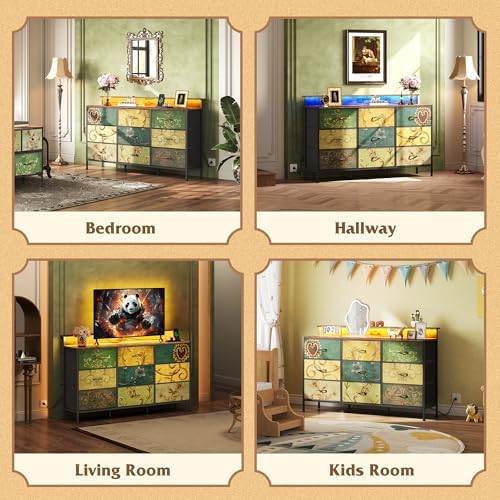 WLIVE Dresser TV Stand 9-Drawer, Fabric Chest of Drawers LED Lights, Floral - Image 3