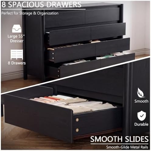 HOUROM Black Dresser for Bedroom,55" Wide 8 Drawer Mid Century Modern Chest - Image 5